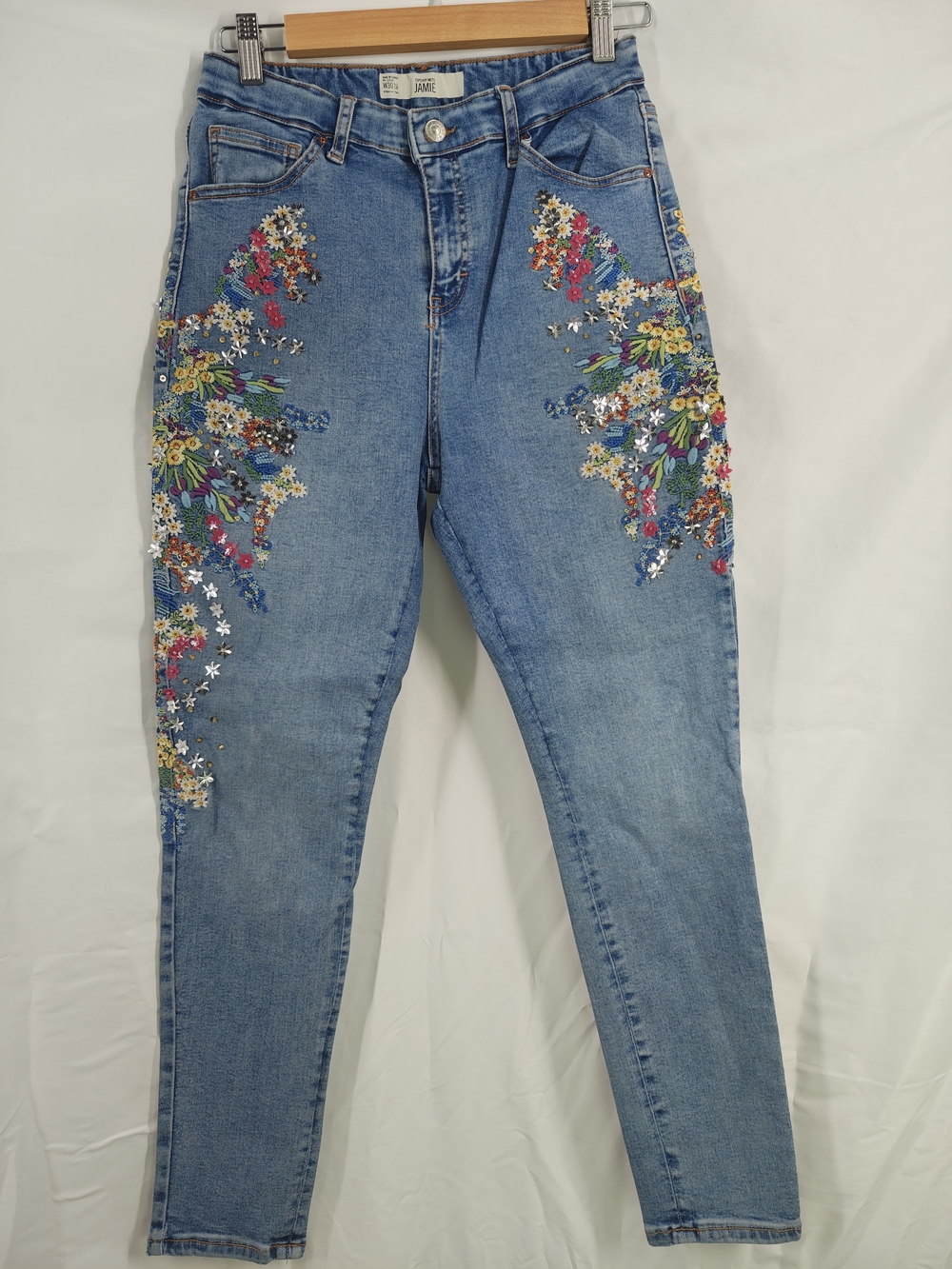 Topshop Light Blue Skinny Jeans with Multicolor Floral Embroidery